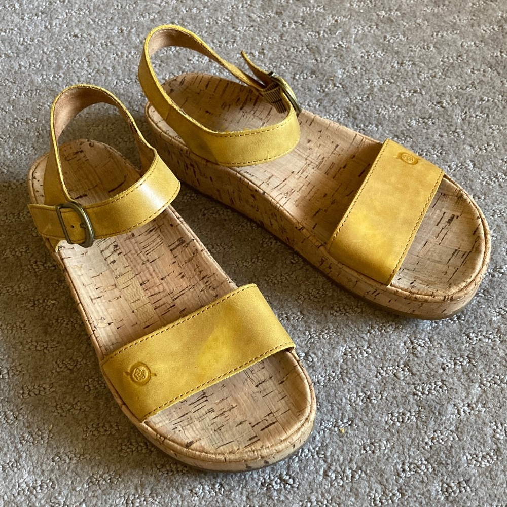 Born Yellow Leather Platform Sandals with Buckle Strap - Picture 2 of 10